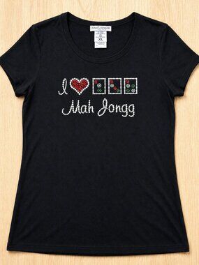 I Love Mah Jongg black t-shirt with colorful rhinestones size XL Mahjong